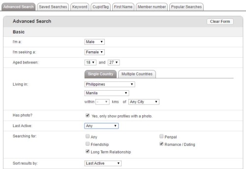 advanced search function on Filipino Cupid