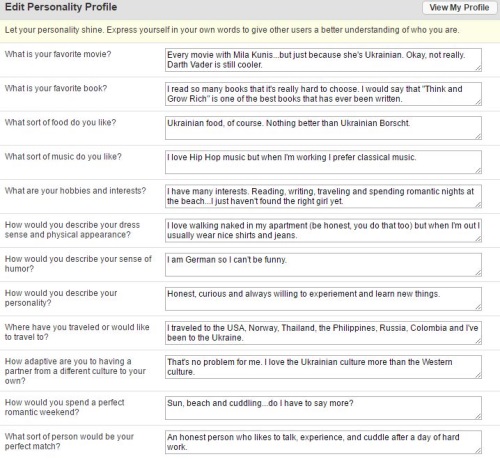 your personality profile on UkraineDate