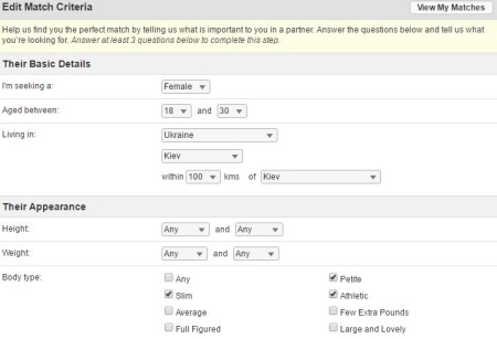 Match Criteria on Ukrainedate