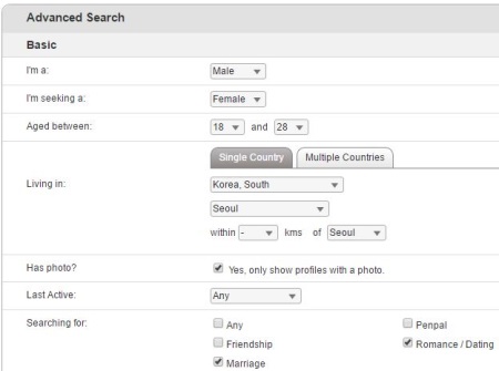 advanced search on Korean Cupid