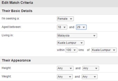 edit match criteria on malaysian cupid