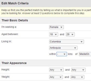 match criteria on colombian dating site