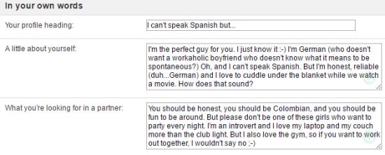 profile description on colombian dating site