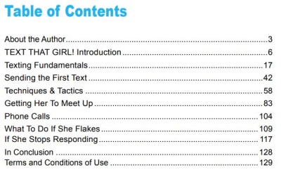 table of contents text that girl