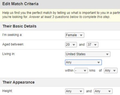 edit match criteria on military cupid